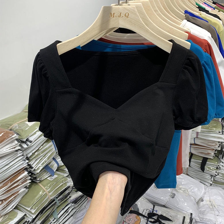 Áo thun BH tay ngắn phồng chất liệu cotton 2022 thời trang mùa hè cho nữ