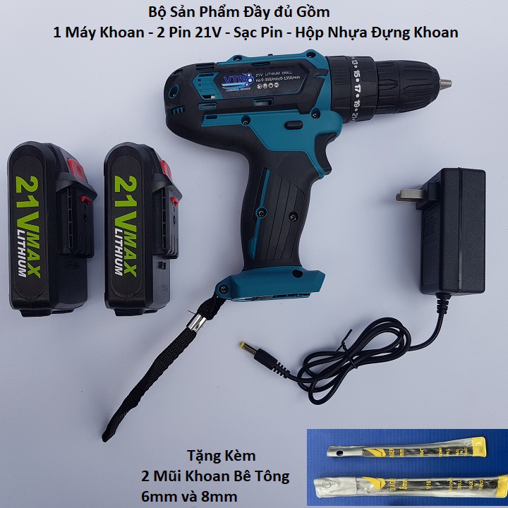 Máy Khoan 21V Không Dây Có Chế Độ Khoan Búa - Máy Khoan Tường,Sắt,Thép,Gỗ,Đa Năng Chính Hãng Bảo Hành 6 Tháng ( 2 Pin )