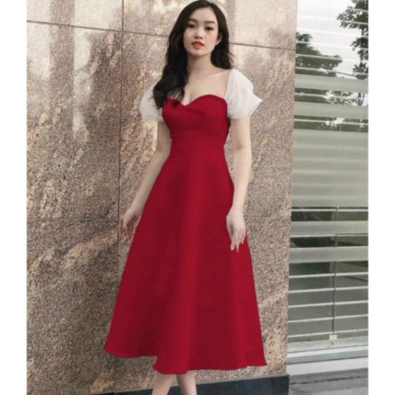 Váy thiết kế,váy dự tiệc tay bồng rớt vai,đầm mango xịn mịn full 2 lớp (có mút ngực) dáng xòe tiểu thư dạo phố MP