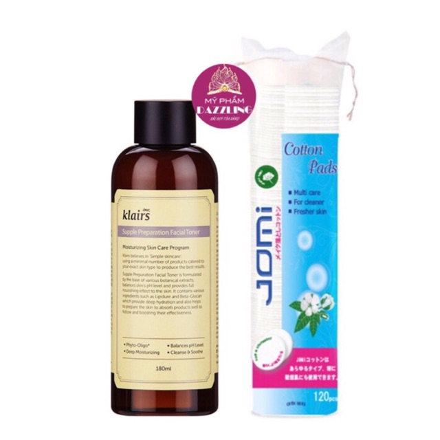 COMBO Toner Klairs Supple Preparation Facial 180ml + Bông Jomi 120 Miếng