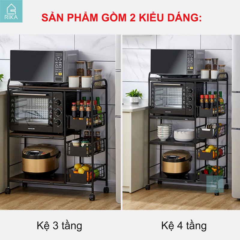 Kệ nhà bếp để đồ đa năng thông minh 3 4 tầng Rika KDN-02 thép carbon không rỉ, có bánh xe để nồi cơm điện lò nướng