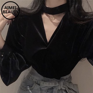 Áo kiểu tay dài cổ chữ V kiểu dáng thời trang quyến rũ cho nữ