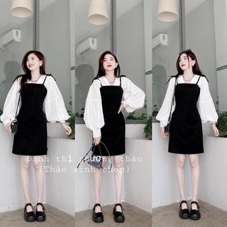 Sét váy yếm sơ mi tay bồng tiểu thư thời trang hàn quốc