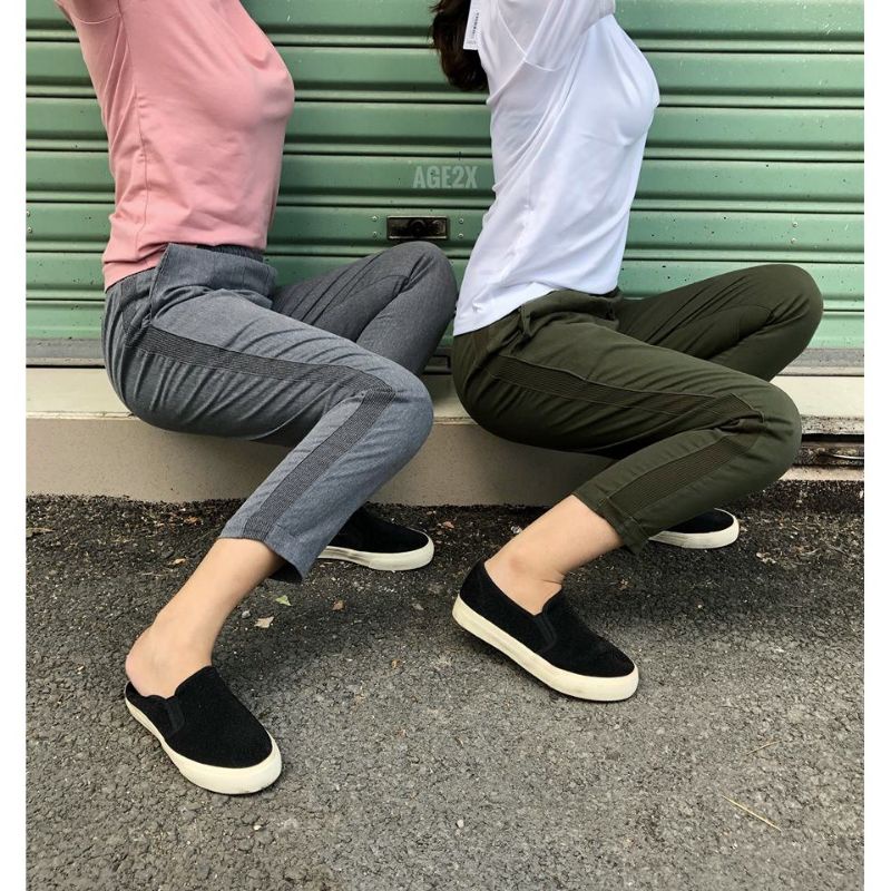 Quần baggy kaki nữ lưng thun màu xanh rêu