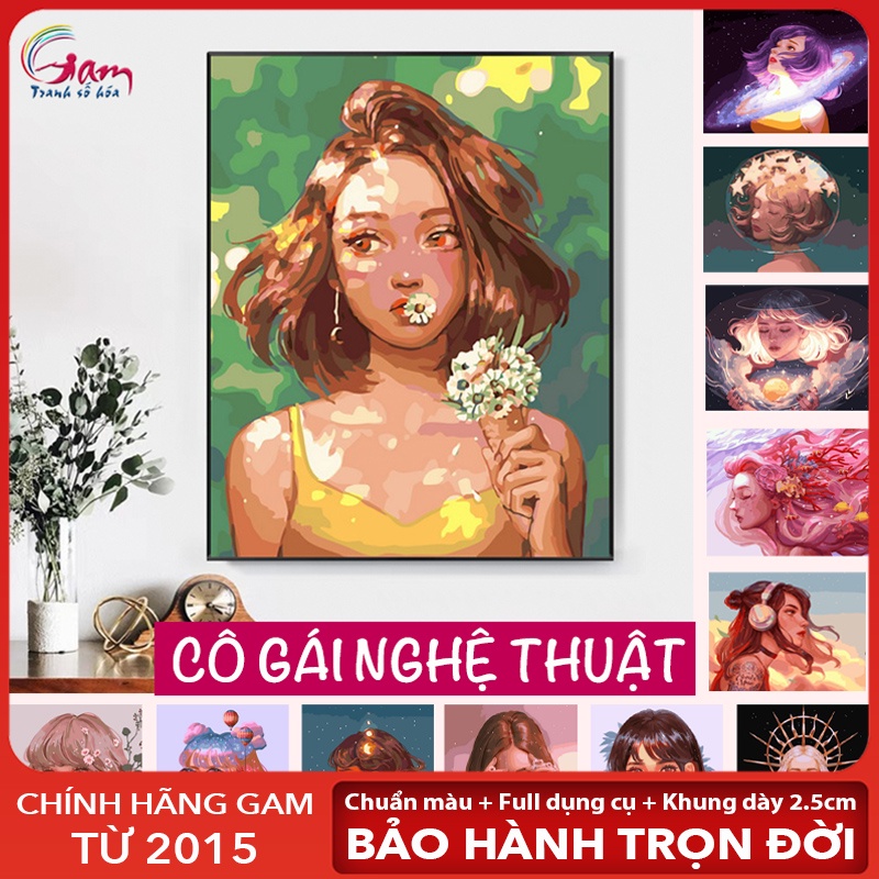 Tranh tô màu theo số cô gái nghệ thuật GAM có sẵn hot trend có khung 40x50cm