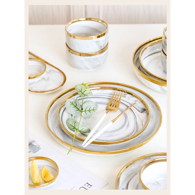 Bộ chén bát  đĩa sứ vân đá trắng viền vàng cao cấp