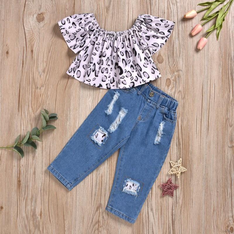 Bộ Áo Cotton Tay Ngắn In Họa Tiết Da Báo Hoạt Hình + Quần Denim Dành Cho Bé Gái 0-4 Tuổi