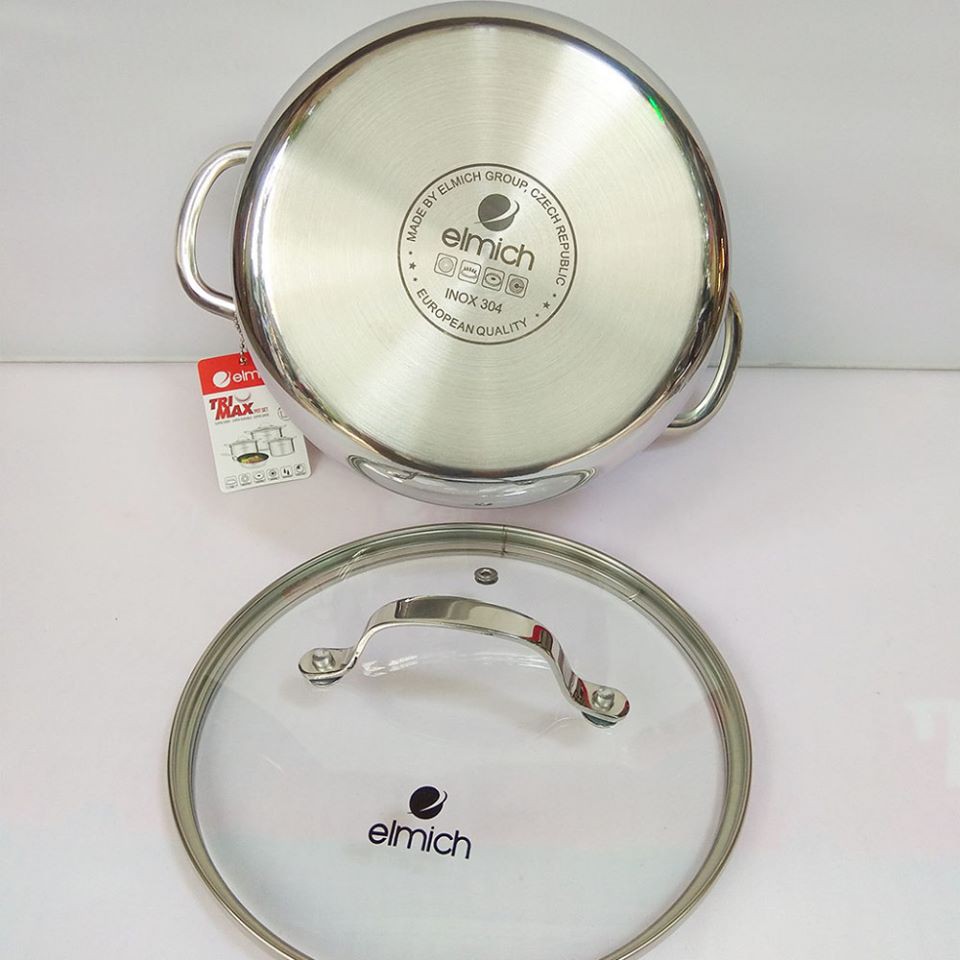 BỘ NỒI CHẢO INOX ELMICH 3742 , 3 LỚP ĐÁY LIỀN TRI-MAX 3742  4 CHIẾC SIZE 18CM, 20CM, 26CM VÀ CHẢO 26CM