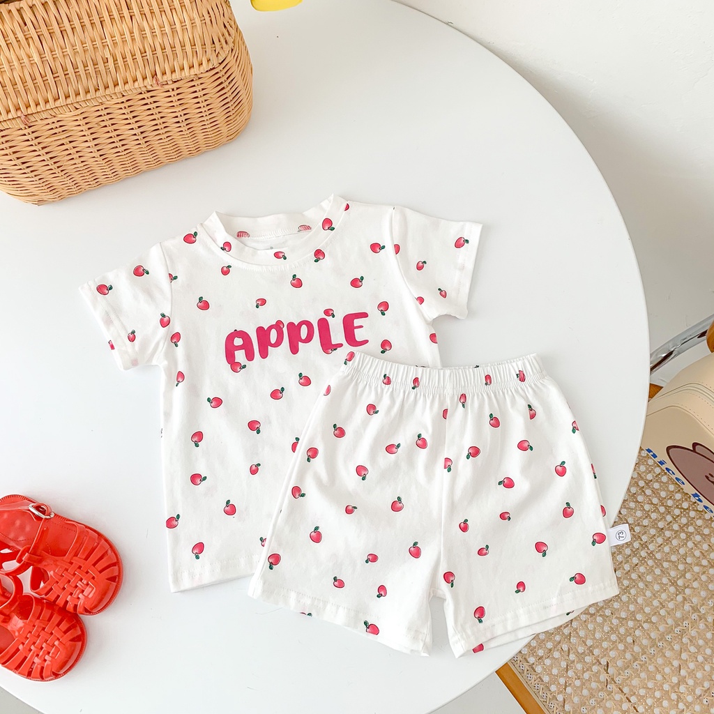 Bộ Áo Thun Cộc Tay In Hình Trái Cây + Quần Short Cotton Cho Bé