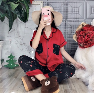 Pijama lụa phối tay ngắn quần dài