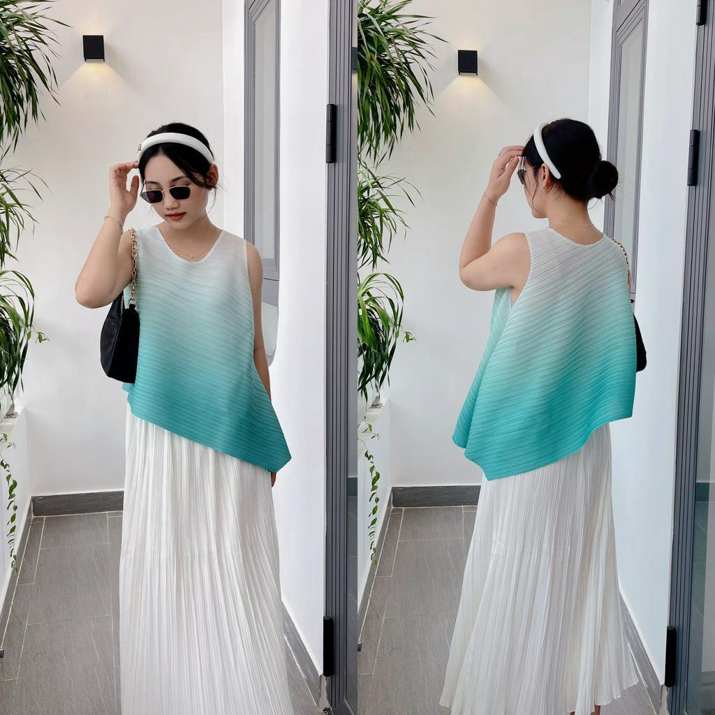 (HÀNG SẴN) Set Áo lò xo cọc tay màu loang trendy và Chân váy thun dập ly trắng thanh lịch, Freesize co dãn nhiều