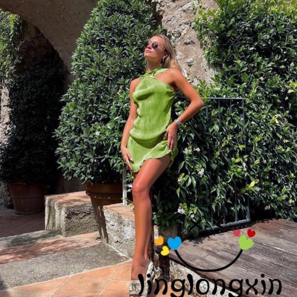 Đầm Ngắn Không Tay Trễ Vai Màu Trơn Linglongxi2 Cho Nữ