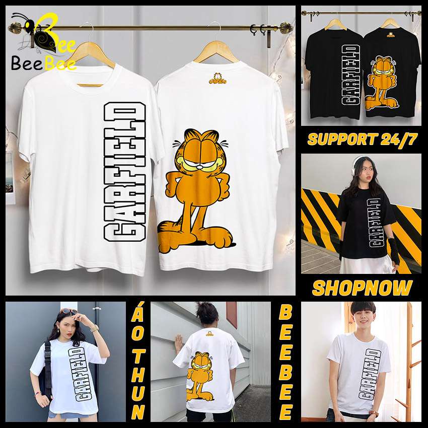 Áo thun, áo phông  nam nữ in hình garfield -GA001 (đen- trắng) 100% COTTON