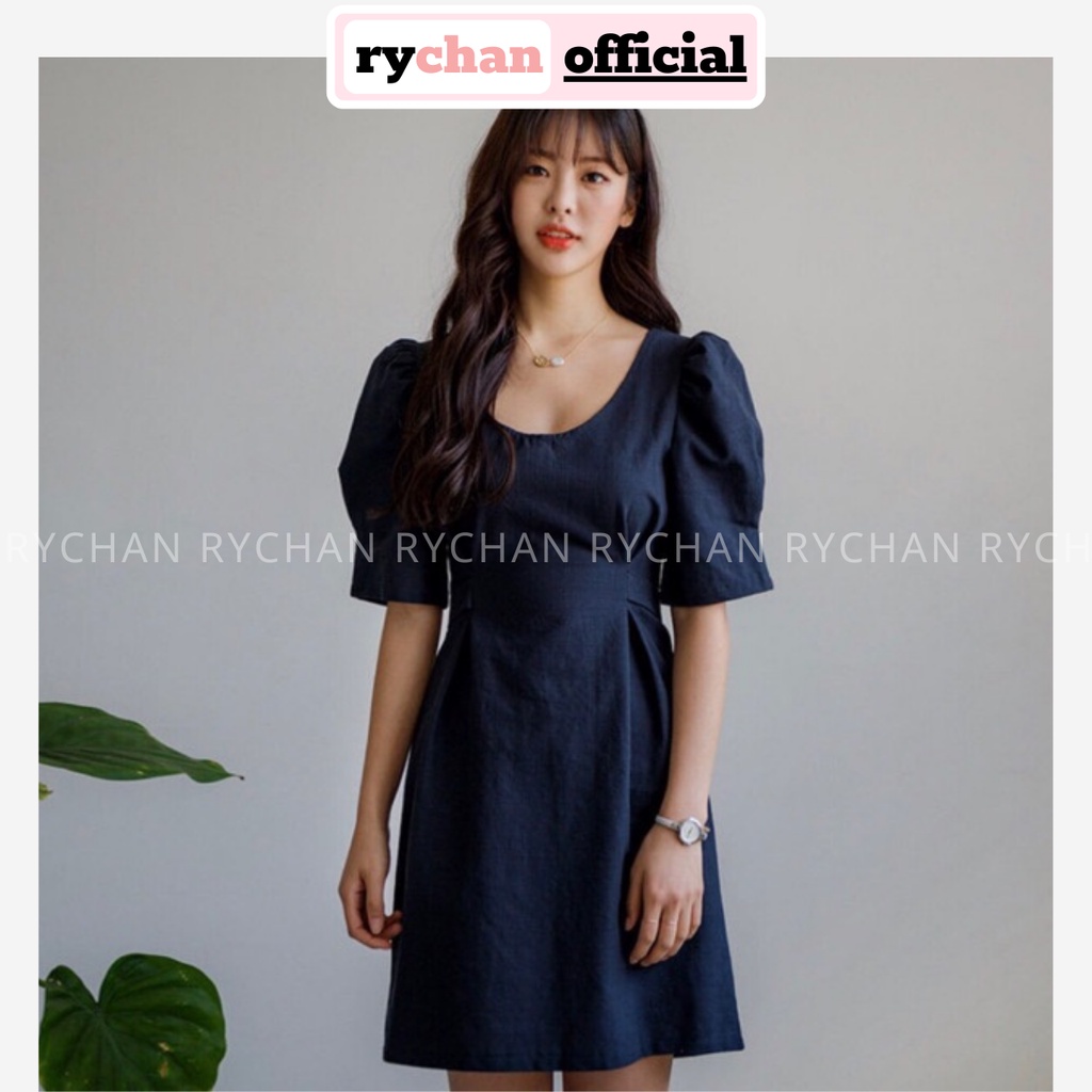 Đầm Nữ Dự Tiệc Sang Trọng Cổ Tròn Tay Phồng Thắt Eo Nơ Sau Màu Xanh Đen Cực Tôn Da [ẢNH THẬT CUỐI] - DX9928