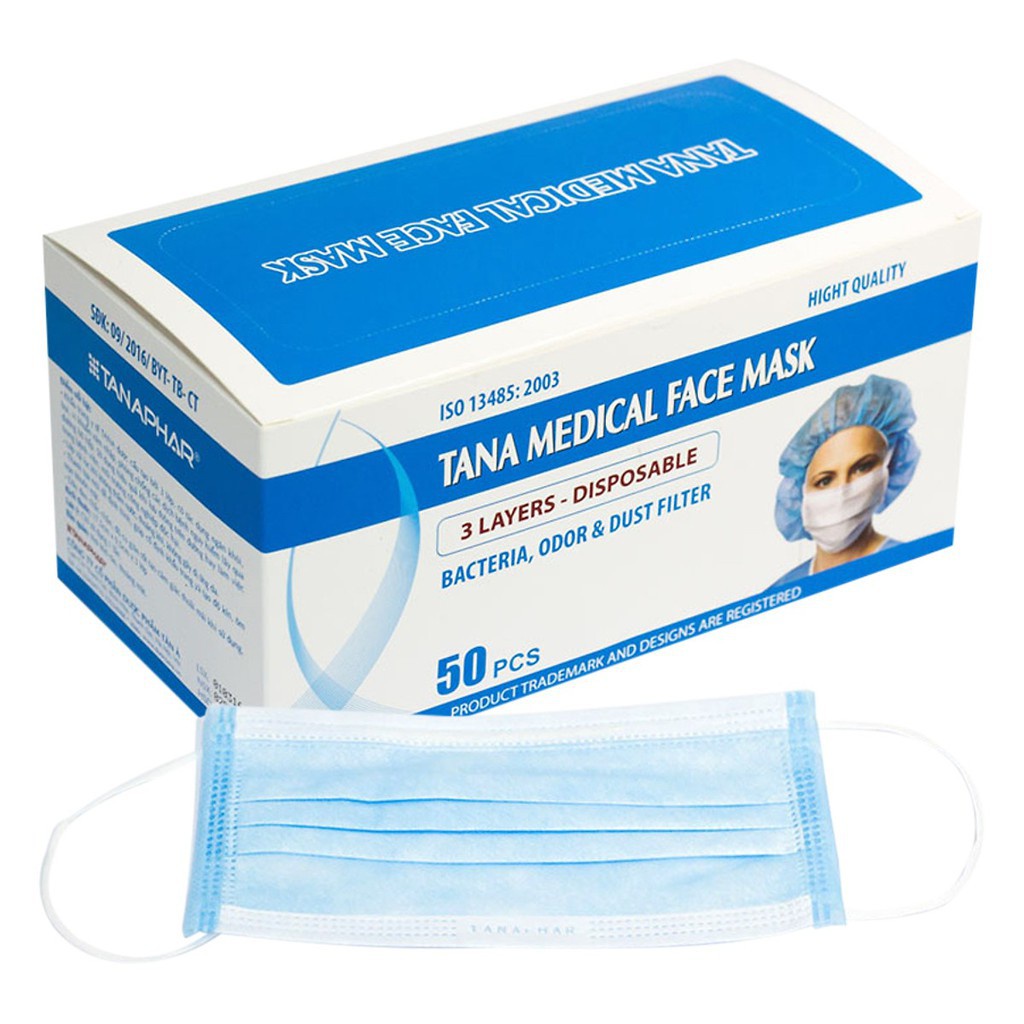 Khẩu trang y tế tanaphar 3, 4 lớp hộp 50 chiếc màu xanh, trắng - ảnh sản phẩm 1