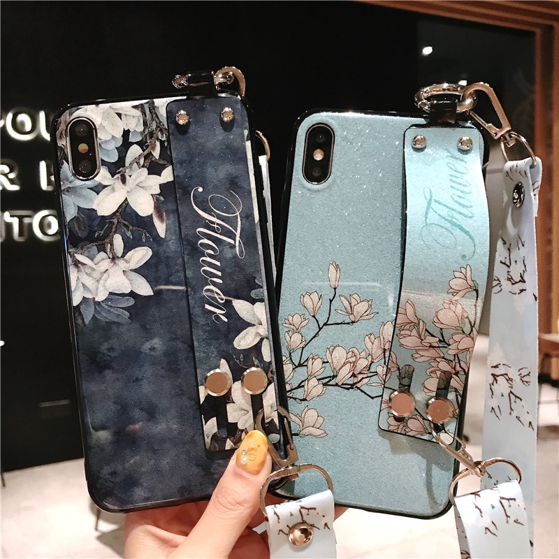 Ốp điện thoại mềm hình hoa có quai cầm thích hợp cho iPhone X XS XR XS Max 6 6s Plus 7 8 Plus 11 11 Pro Max SE 2020