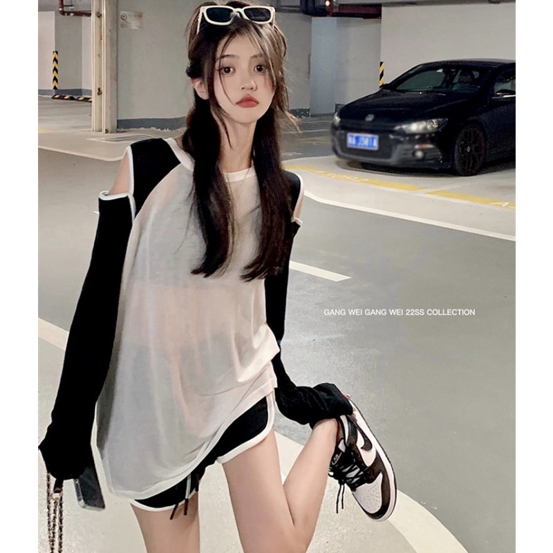 Áo Thun Tay Dài Dáng Rộng Hở Vai Phối Màu Tương Phản Thời Trang Mùa Hè Dành Cho