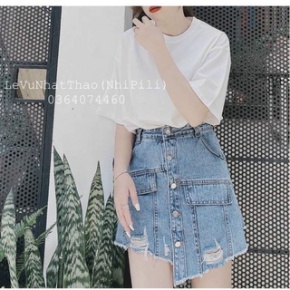 Quần giả váy nữ jean nhiều khuy, Chân váy bò nhiều khuy rách dáng ngăn