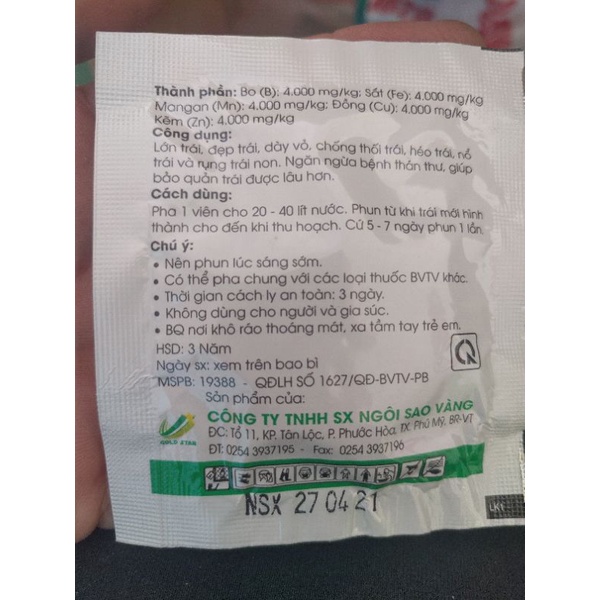 Phân Bón Lá Canxi+Bo Lớn Trái - Bóng Trái Dạng Viên (10g)