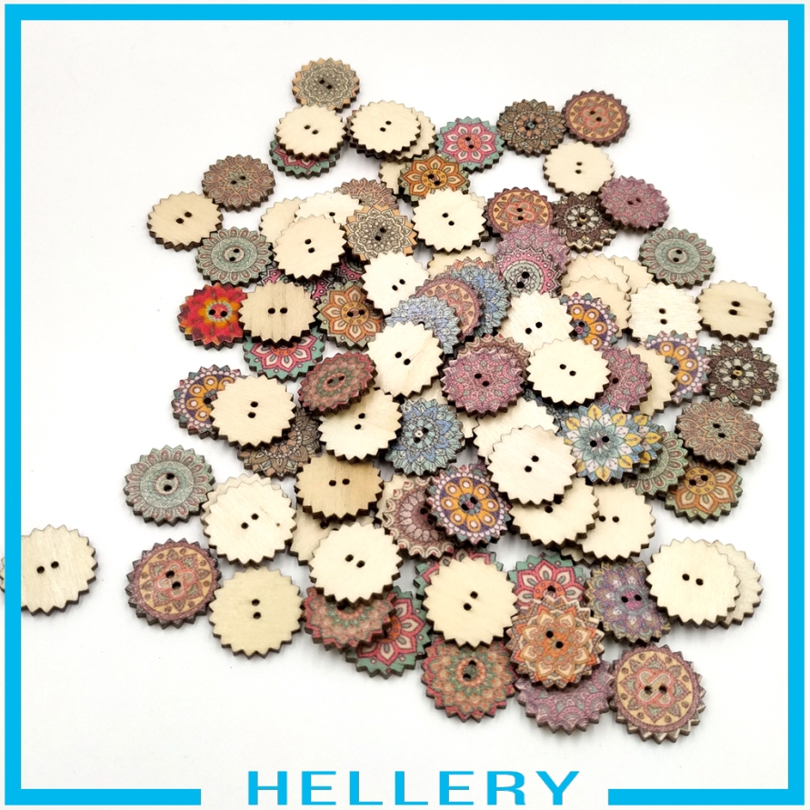 Set 100 Nút Gỗ Tròn 2 Lỗ Nhiều Họa Tiết Dùng May Vá Thủ Công