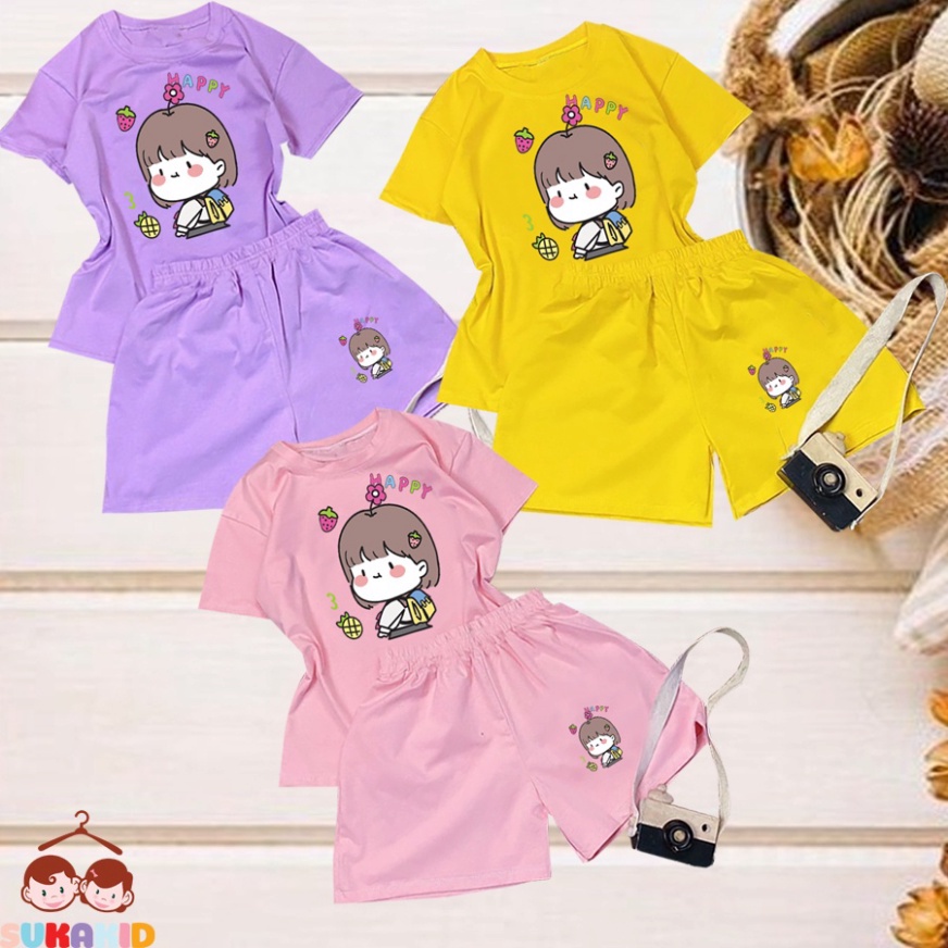( Km ) Combo 3 Đồ bộ ngắn tay bộ bé gái hinh bé gái happy trái dâu, thơm cho be từ 6kg-29kg.BDBG61.