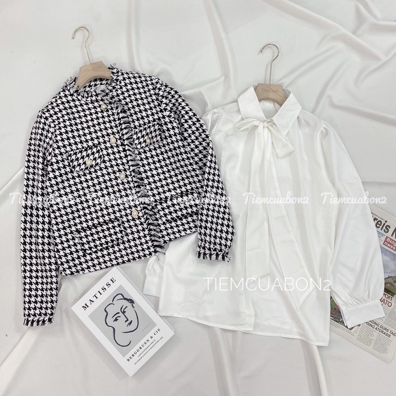 Set áo sơ mi nơ buộc kèm áo dạ tweet khoác ngoài xinh mặc riêng đều được | BigBuy360 - bigbuy360.vn