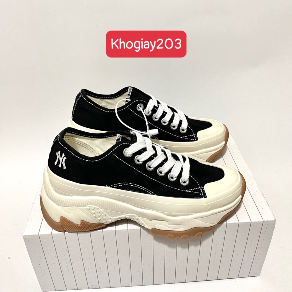 Giày MLB chunky NY vải đen canvas thấp cổ giày MIB NY đế nâu đen cổ thấp mới