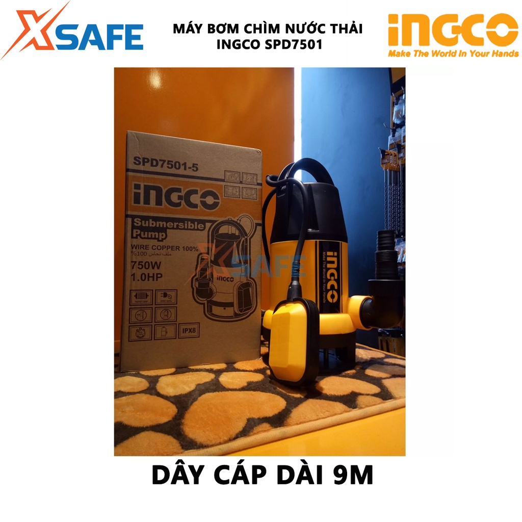 Máy bơm chìm nước thải INGCO SPD7501 Máy bơm công suất 750W(1.0HP), bơm cao tối đa 8m, hút sâu tối đa 7m - Xsafe