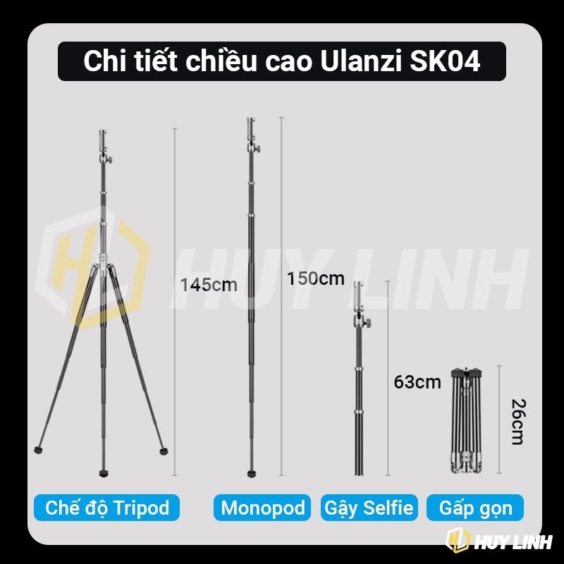 Chân máy ảnh kiêm gây chụp hình Selfie Stick Ulanzi SK-04 full kim loại tải trọng 2Kg