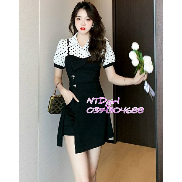 Hàng nhập - Set bộ nữ short thun phối voan chấm bi, sét đồ thời trang tay ngắn cổ sơ mi giả yếm