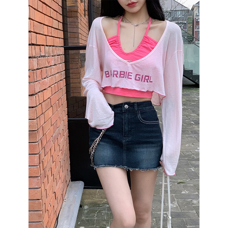 QKOOLE  Set Áo Thun Tay Dài + Áo Yếm Màu Trơn Phong Cách Hàn Quốc Cho Nữ crop top