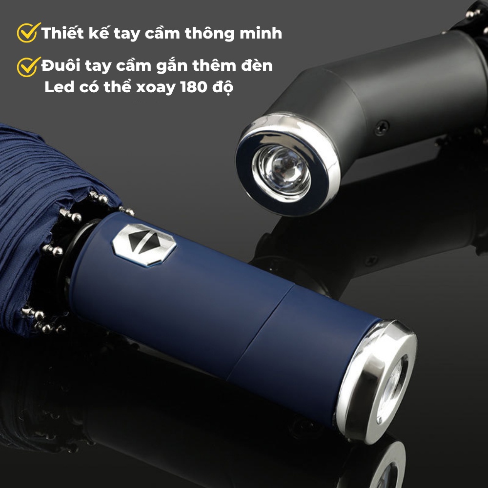 Ô dù thời trang tự động 2 chiều một nút bấm chống tia UV có đèn LED xoay 10 nan logo xe hơi cao cấp nhỏ gọn