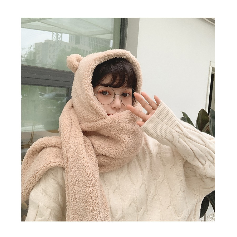 Mũ Len Lông cừu Tai Gấu Chụp đầu Giữ ấm Mùa Đông Dễ thương Ulzzang Hàn Quốc Mũ Len Tai gấu Chụp đầu Choàng cổ