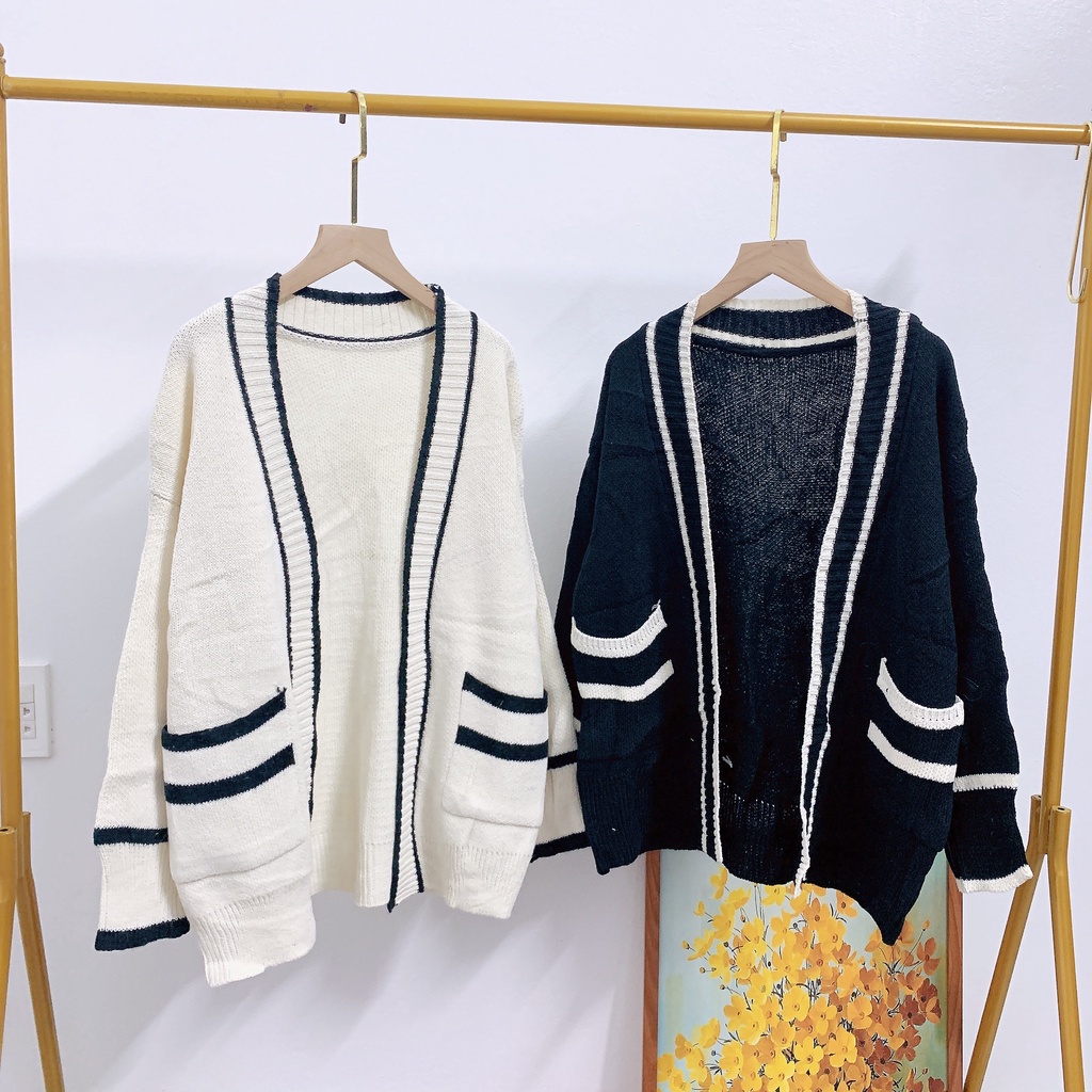 Áo Cardigan Len Nữ Dày Sọc Đen Trắng Có Túi Siêu Xinh , Áo Choàng Hàng Quảng Châu Cao Cấp Chang Bi Shop