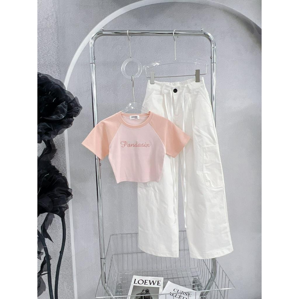 SET ÁO RAPLAN HỒNG CROPTOP + QUẦN SUÔNG HỘP (TH)