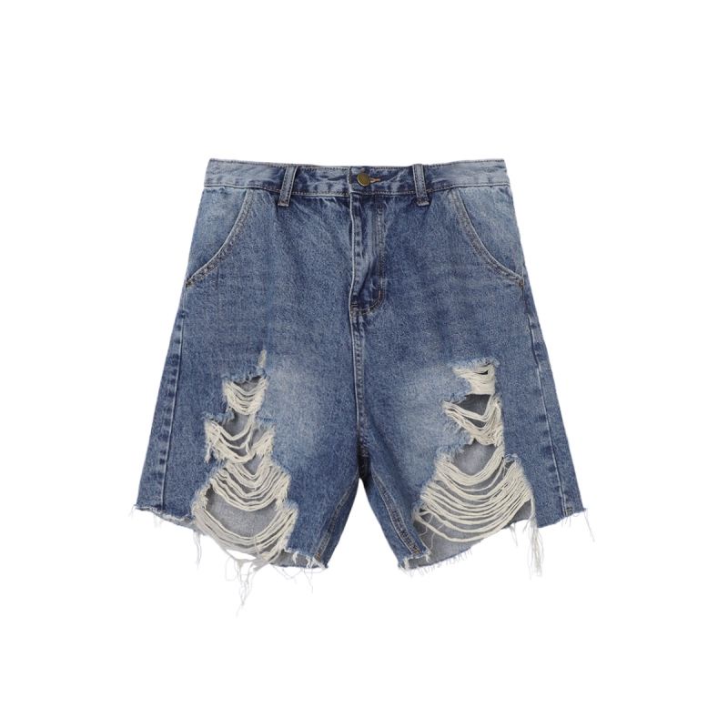Bán Chạy!Quần Short Denim Rách Lưng Cao Dáng Rộng Phong Cách Thời Trang Retro Mỹ Hàng Mới Dành Cho Nữ