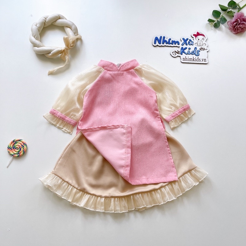 Áo Dài Cách Tân Hồng Phấn Bé Gái 4 Đến 30kg Chất Nhung Tăm Phối Tơ Ánh Nhũ Kèm Mấn