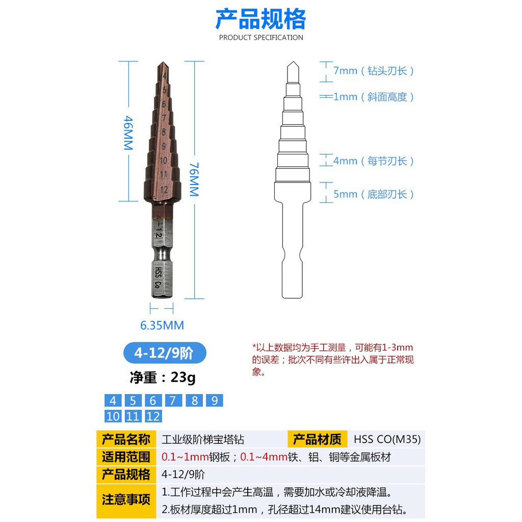 Mũi khoan tháp, bước HSS M35 cobalt  lỗ khoan 4mm - 12mm chân lục giác,chất liệu cobalt , độ cứng cao , khoan inox