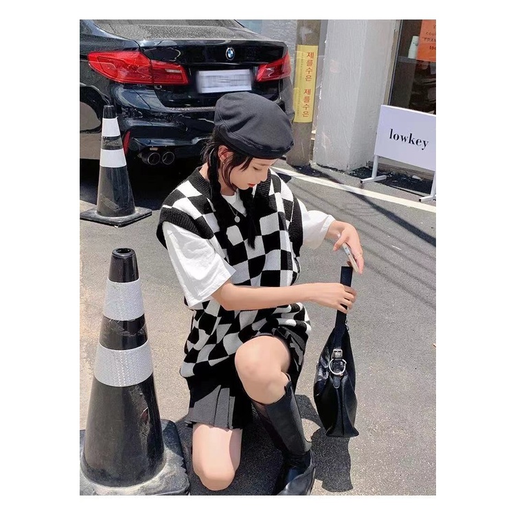 Áo len dệt kim không tay kẻ ô màu sắc cá tính | BigBuy360 - bigbuy360.vn