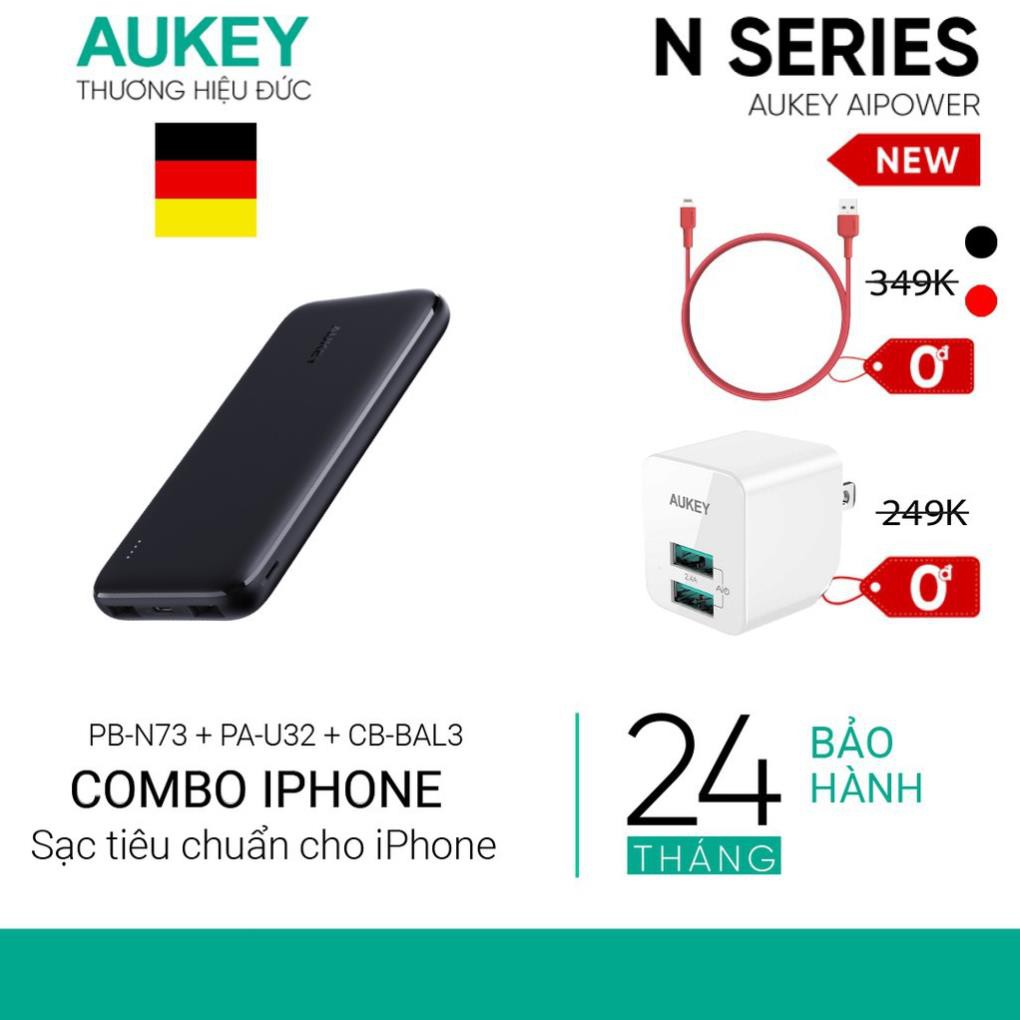 [HTN86] Combo Sạc iPhone AUKEY Sạc 10.000 mAh PB-N73,Cốc 12W PA-U32,Cáp Sạc Lighting MFi CB-BAL3