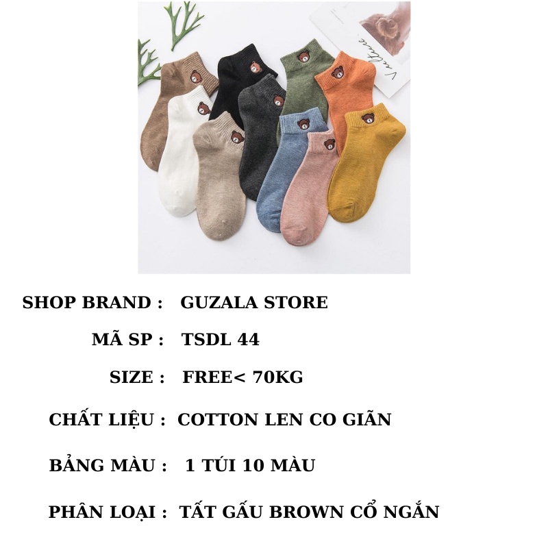 Combo 10 Đôi Tất Gấu Cổ Ngắn Brown Chất Cotton Co Giãn Thoáng Khí Khử Mùi - Vớ Nam Nữ Nhiều Màu Kèm Túi Zip _ TSDL44