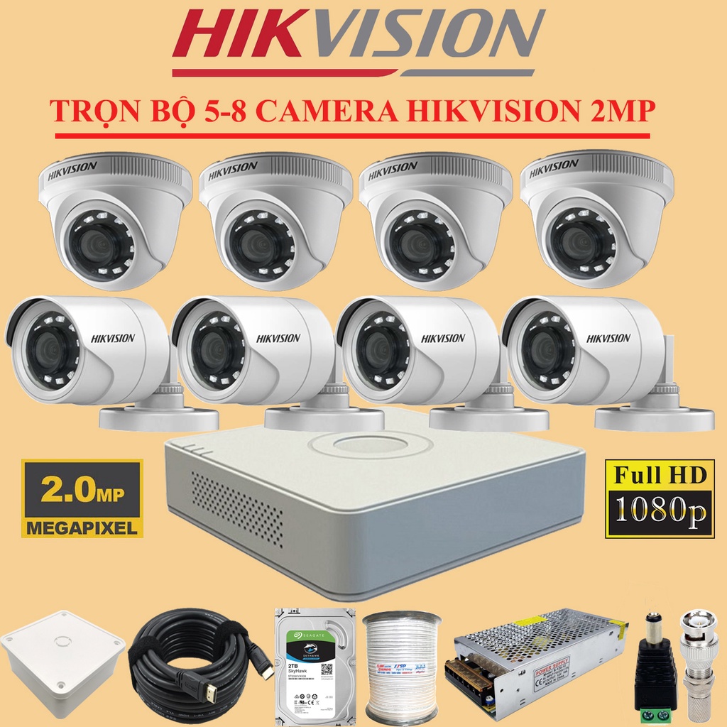 Trọn Bộ 5-8 Camera Hikvision quan sát 2.0 megapixel Full HD 1080P ĐẦY ĐỦ PHỤ KIỆN bảo hành 24 tháng