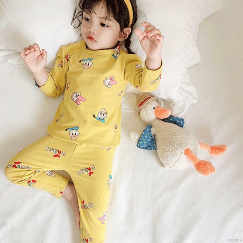 Bộ Pijama Cotton Dài Tay + Quần Dài In Họa Tiết Hoạt Hình Cho Bé