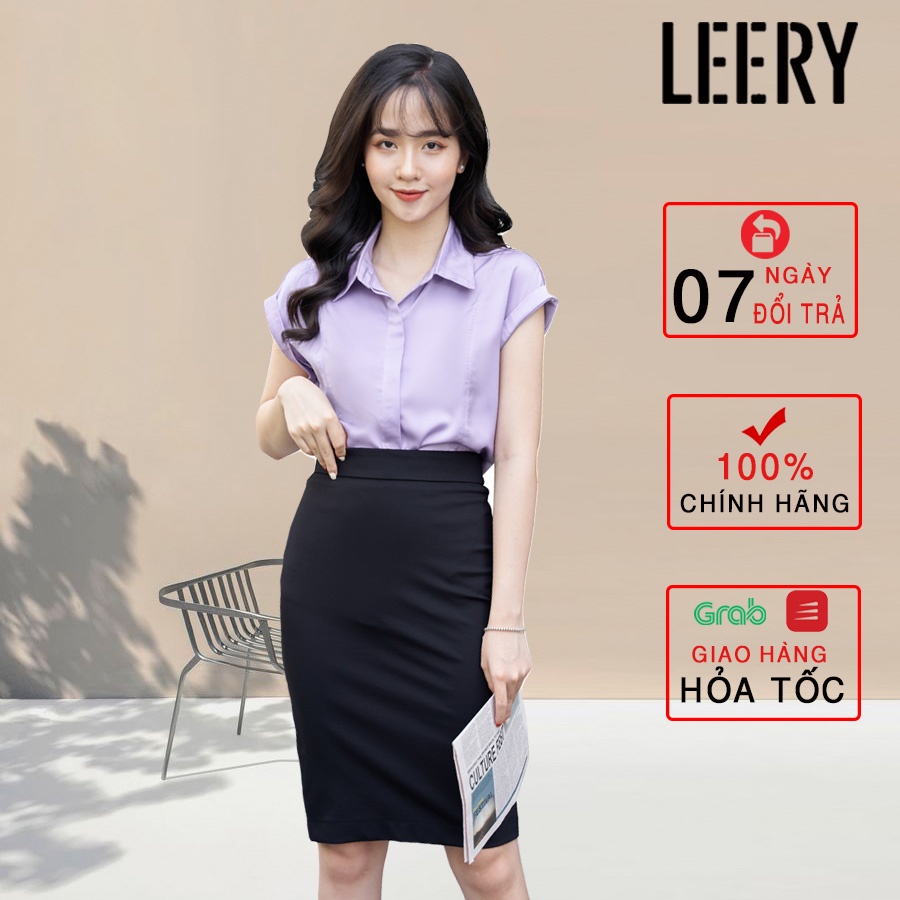 Áo sơ mi công sở nữ đẹp ngắn tay kiểu Hàn Quốc form rộng chất lụa cao cấp màu Đen Tím Oliu LEERY SM-09 - Hàng mới về