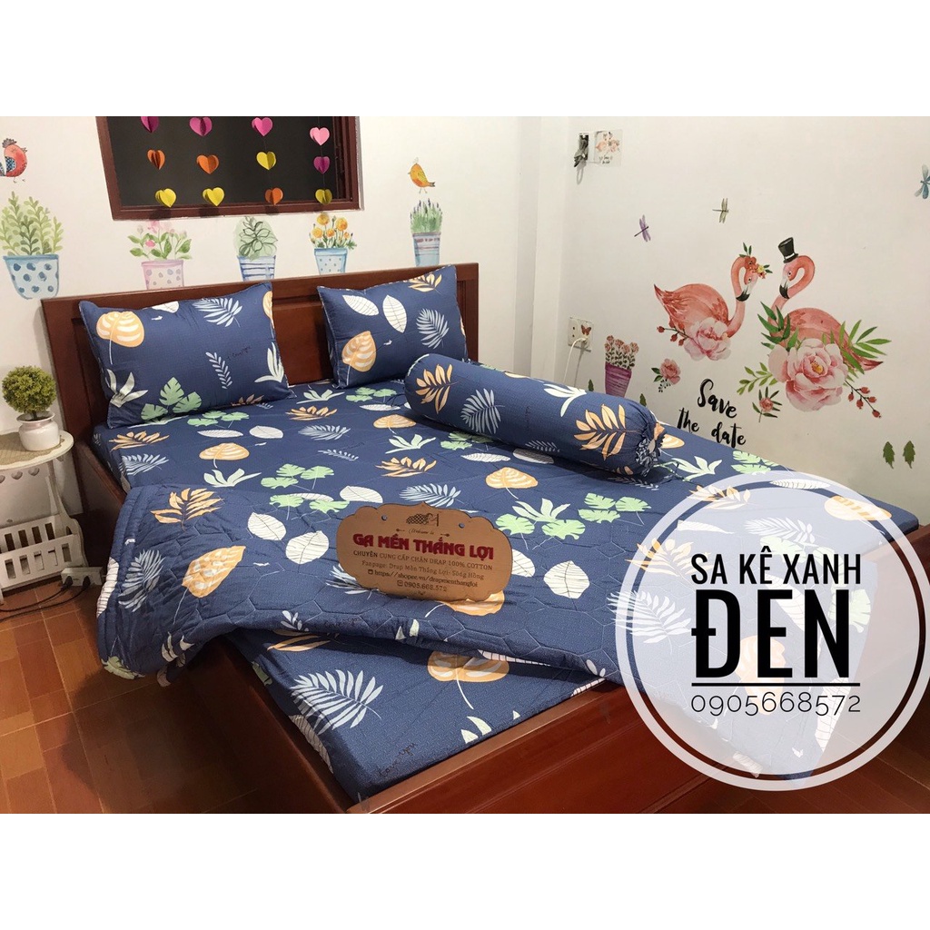 Bộ ga gối coton 100% không kèm chăn 4 món màu xanh đen sang sạch