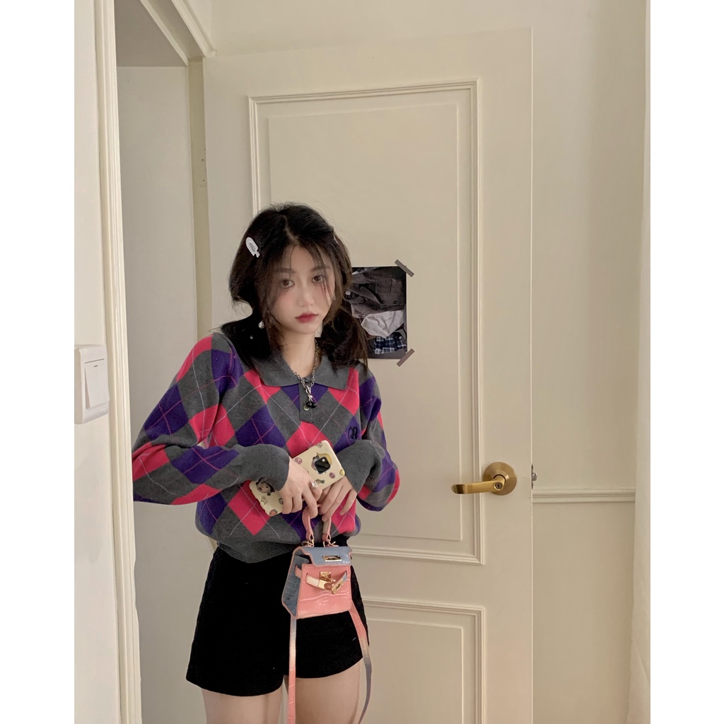 Áo sweater Dệt Kim Họa Tiết Hình Thoi Phong Cách Thời Trang Hàn Quốc Cho Nữ