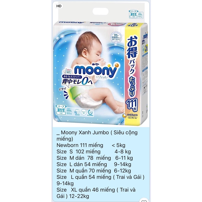 Bỉm Moony Xanh Nhật [FREESHIP] Moony Nội Địa Nhật Cộng Miếng Dán/Quần Đủ Size NB96/S90/M68/M64/L58/L50/XL44