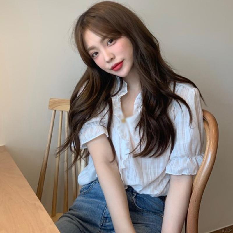 Áo Sơ Mi Chiffon Tay Ngắn Cổ Chữ V Màu Trơn Phong Cách Hàn Quốc