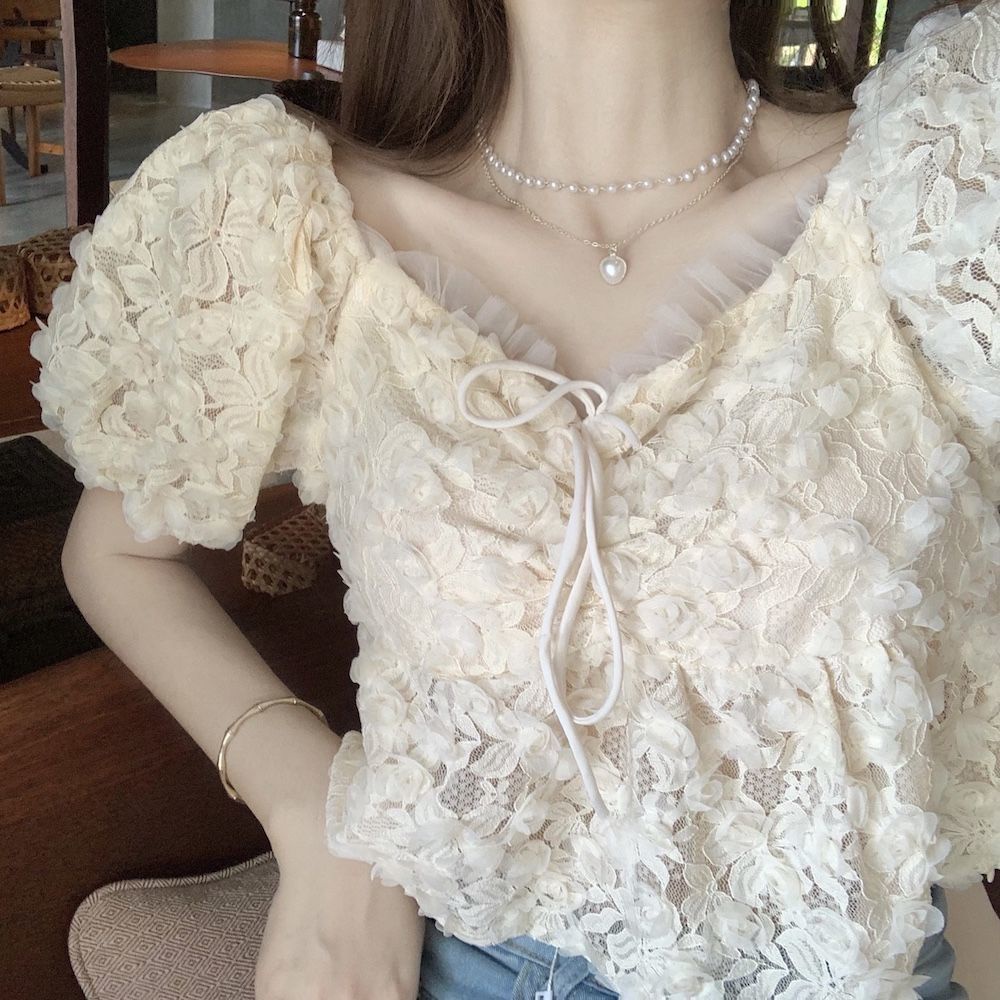 Áo kiểu Pure Cube tay phồng họa tiết hoa hồng phong cách retro dành cho nữ