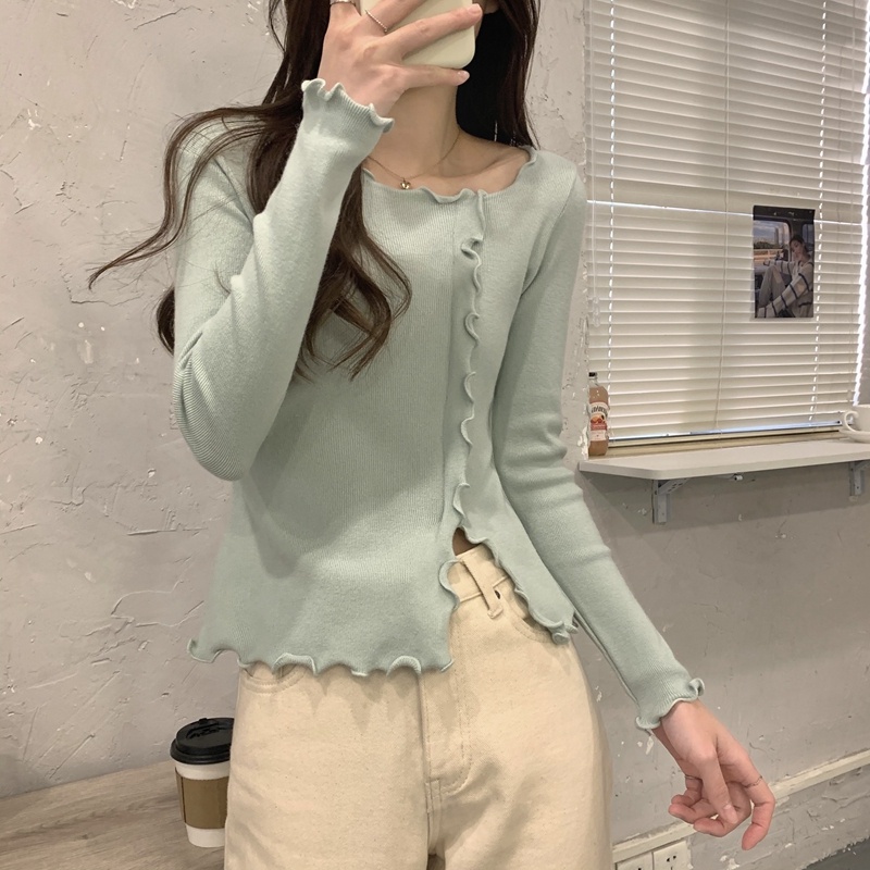 【HangFei】Áo Sweater Dệt Kim Tay Dài Thiết Kế Xẻ Tà Cá Tính